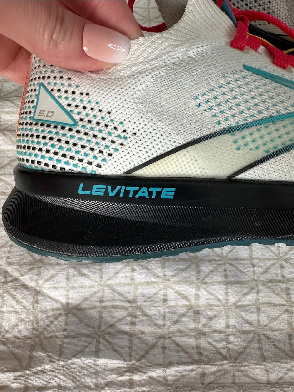 Women's Brooks Levitate 5 White Running Shoes with Yellow/Teal/Pink Accents
